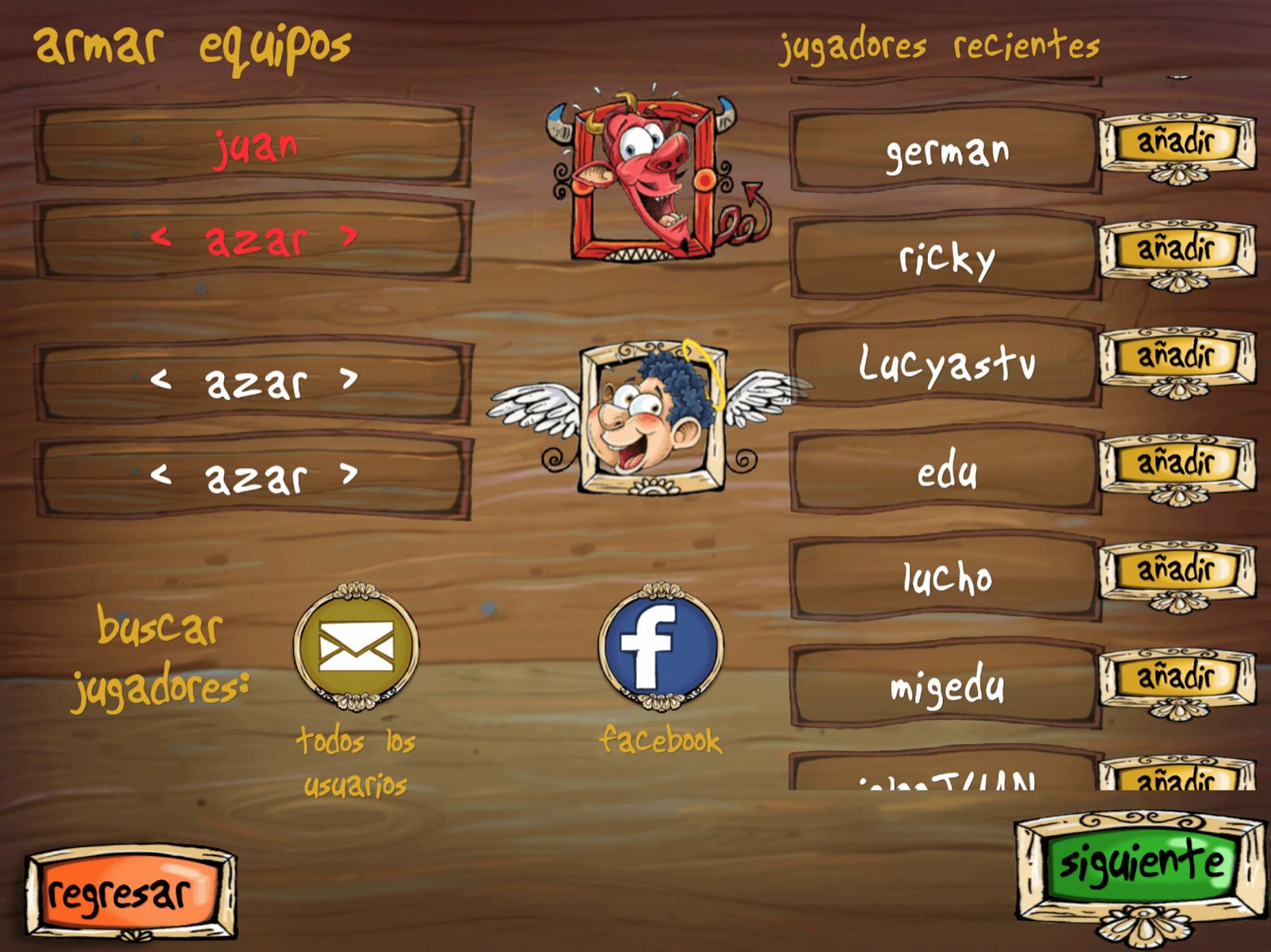 Pantalla para armar equipos con la lista de jugadores recientes